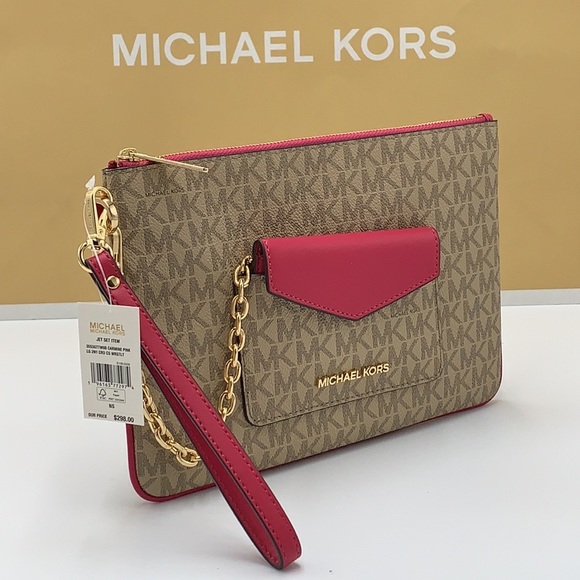 Michael Kors Jet Set LG 2 in 1 card case wristlet Wallet CARMINE PINK SIGNATURE - Picture 5 of 15